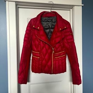 Bebe lightweight red puffer jacket with gold zipper details, size S.